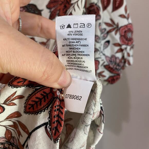 Joie Floral Red & Cream Linen Blend Balloon Sleeve Button Up Blouse Size M - Picture 8 of 10